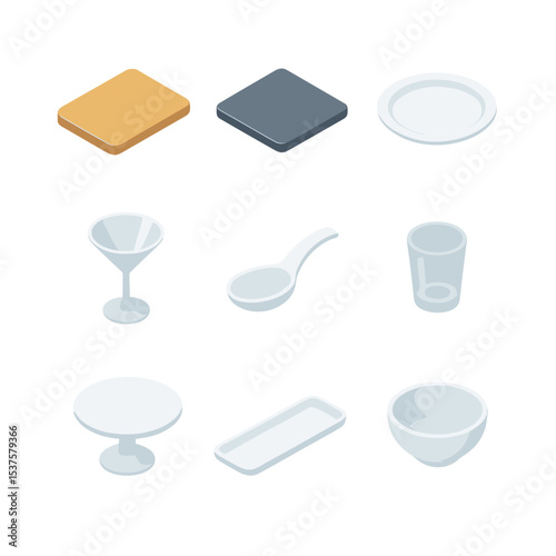 Diverse Platter Icon Set. Isometric Flat icon set of Presentation platter styles: wooden board, slate tile, porcelain plate,