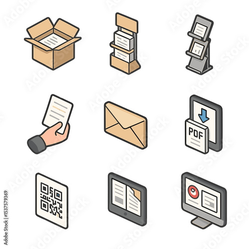 Distribution Channels Icons. Isometric Flat icon set of distribution channels: mail-out pack, retail stand, point-of-sale rack,