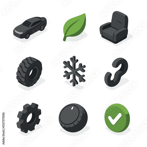 Driving Modes Icons. Isometric Flat icon set of Driving Mode Selectors: sport mode icon, eco mode leaf, comfort mode cushion,