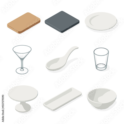 Diverse Platter Icon Set. Isometric Flat icon set of Presentation platter styles: wooden board, slate tile, porcelain plate,