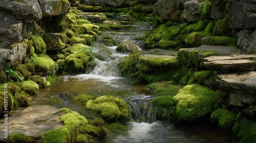 Peaceful cascading stream with moss-covered rocks and gentle flowing water in a natural forest setting, evoking tranquility and pristine nature

