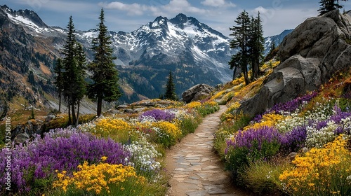   Pathway up mountain peak flanked by wildflowers and pine trees on both sides