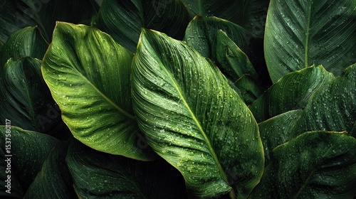   A green leafy plant with water droplets on its leaves against a dark backdrop