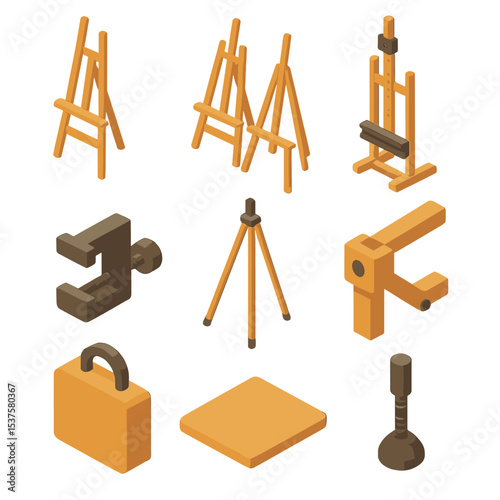 Easel Icon Set. Isometric Flat icon set of easel arrangements: single easel, double easel, adjustable height, clamp joint, tripod