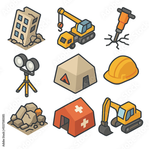 Earthquake Rescue Icons. Isometric Flat icon set of Earthquake rescue operations: collapsed building, rescue crane, jackhammer,
