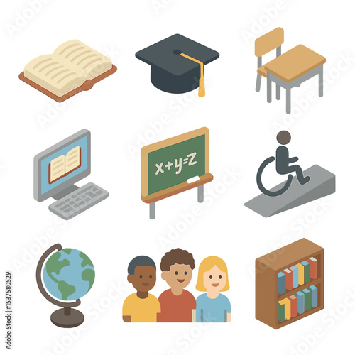 Education Icon Set. Isometric Flat icon set of Education equality programs: open book, graduation cap, classroom desk, chalkboard,