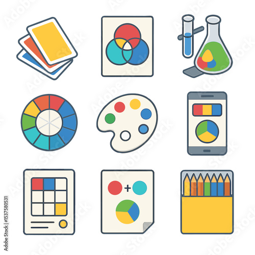 Educational Color Tools Icons. Isometric Flat icon set of educational color tools: color flash cards, primary color poster, mixing