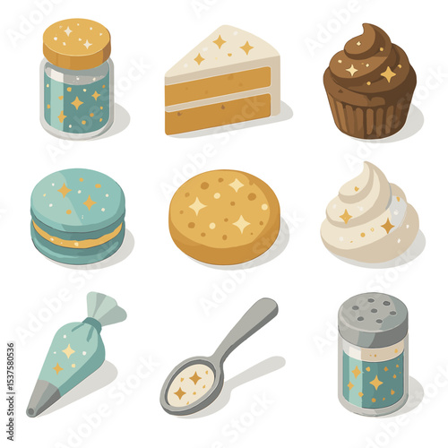 Edible Dessert Toppings Icons. Isometric Flat icon set of Edible Dessert Glitter Toppings: edible glitter jar, cake slice, cupcake