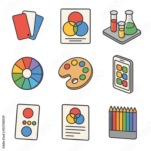Educational Color Tools Icons. Isometric Flat icon set of educational color tools: color flash cards, primary color poster, mixing