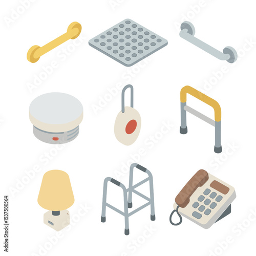 Elderly Safety Icons. Isometric Flat icon set of elderly home safety check: grab bar, non-slip mat, wall-mounted handrail, smoke