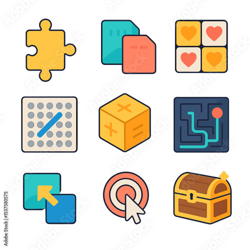 Educational Mini-Game Icons. Isometric Flat icon set of educational mini-games: puzzle piece, memory card, matching tiles, word