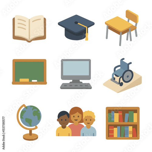 Education Icon Set. Isometric Flat icon set of Education equality programs: open book, graduation cap, classroom desk, chalkboard,