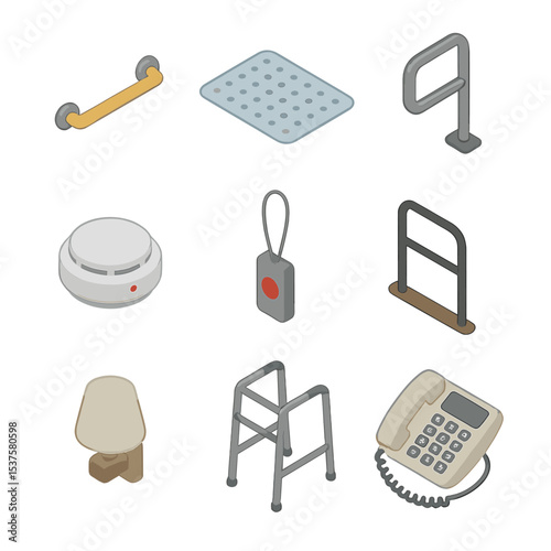 Elderly Safety Icons. Isometric Flat icon set of elderly home safety check: grab bar, non-slip mat, wall-mounted handrail, smoke