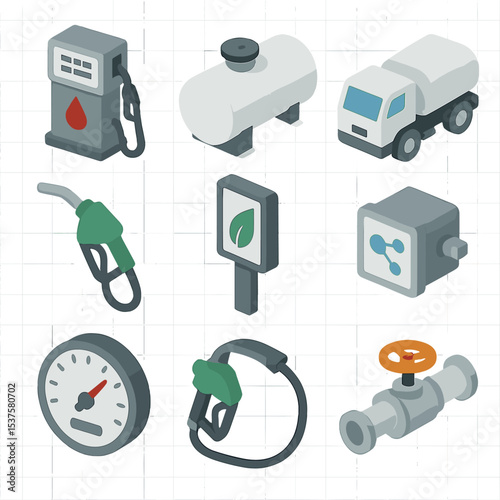 Ethanol Distribution Icons. Isometric Flat icon set of Ethanol blending and distribution: blending pump, storage tank, tanker