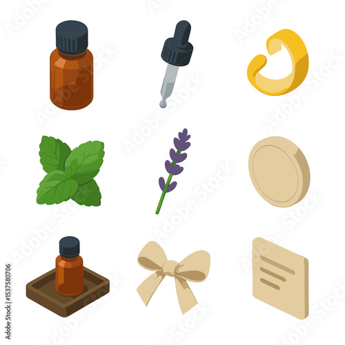 Essential Oil Icon Set. Isometric Flat icon set of essential oil bottle set: amber bottle, dropper cap, lemon peel, peppermint