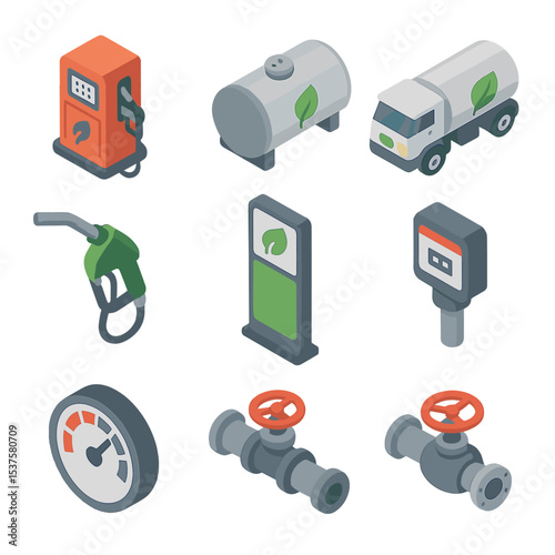 Ethanol Distribution Icons. Isometric Flat icon set of Ethanol blending and distribution: blending pump, storage tank, tanker