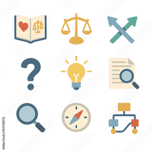Ethics Icons Overview. Isometric Flat icon set of Virtue ethics vs deontology: split book, scales, crossing arrows, question mark,