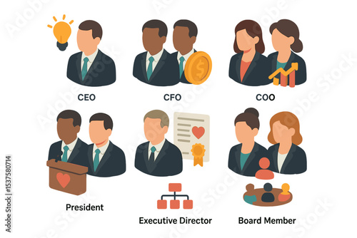 Executive Leadership Icons. Isometric Flat icon set of executive leadership roles in philanthropy: CEO, CFO, COO, President,