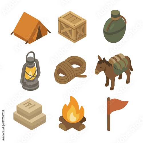 Expedition Logistics Icons. Isometric Flat icon set of expedition logistics: camp tent, supply crate, water canteen, lantern, rope