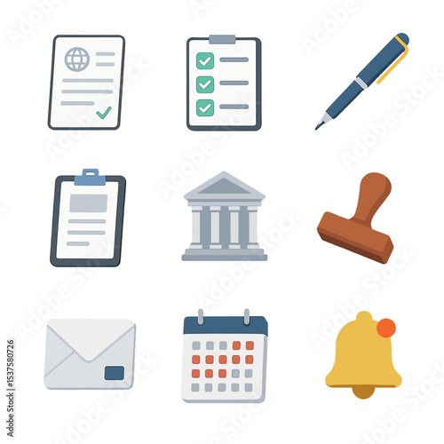 Export License Icons. Isometric Flat icon set of Export License Application Process: application form, checklist, pen, clipboard,