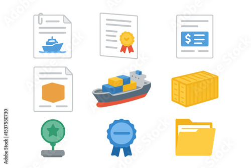 Export Documentation Icons. Isometric Flat icon set of Export Documentation Processes: bill of lading, certificate of origin,