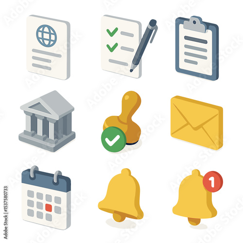 Export License Icons. Isometric Flat icon set of Export License Application Process: application form, checklist, pen, clipboard,