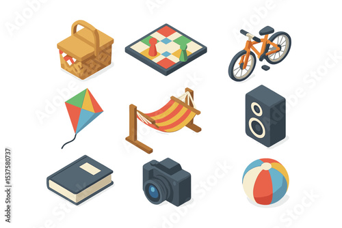 Family Leisure Icons. Isometric Flat icon set of Family leisure activities: picnic basket, board game, bicycle, kite, hammock,