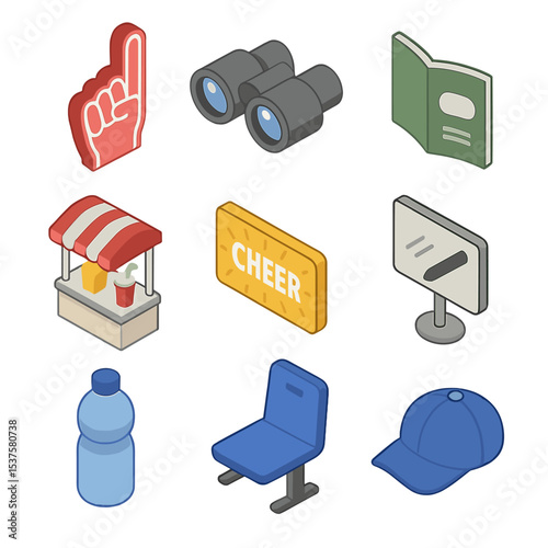 Fan Icon Set. Isometric Flat icon set of fan and spectator items: foam finger, binoculars, program booklet, concession stand,