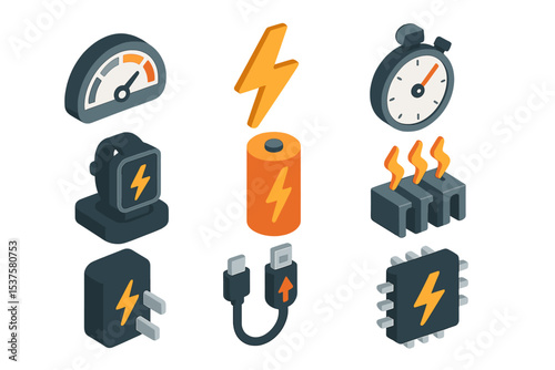 Fast Charge Icons. Isometric Flat icon set of fast charging technology: speedometer, lightning bolt, stopwatch, smartwatch dock,