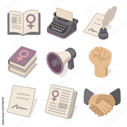 Feminist Icon Set. Isometric Flat icon set of Influential feminist publications: open magazine, typewriter, quill pen, pamphlet
