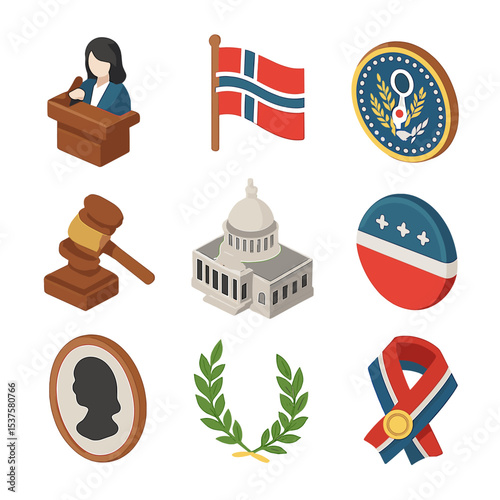 Female Leaders Icon Set. Isometric Flat icon set of First female heads of state: podium with mic, country flag, presidential seal,