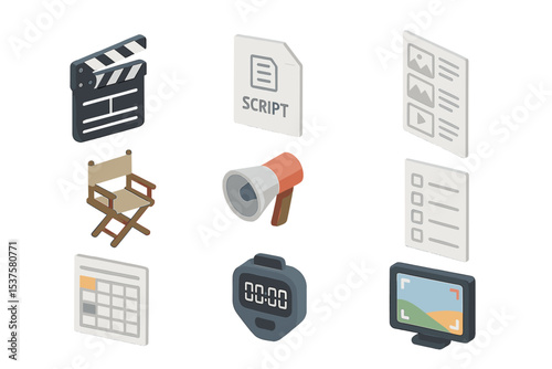 Film Production Icons. Isometric Flat icon set of Film Direction and Planning: clapperboard, script, storyboard, director’s chair,