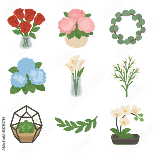Floral Centerpiece Icons. Isometric Flat icon set of floral centerpieces: rose bouquet, peony arrangement, eucalyptus wreath,