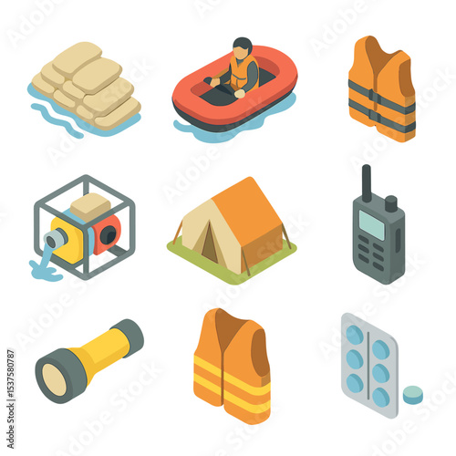 Flood Disaster Response Icons. Isometric Flat icon set of Flood disaster response: sandbag barrier, rescue boat, life jacket,