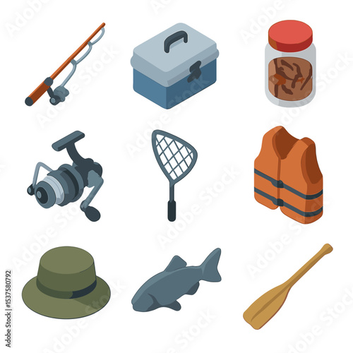 Fishing Essentials Icons. Isometric Flat icon set of lake fishing essentials: fishing rod, tackle box, bait jar, spinning reel,