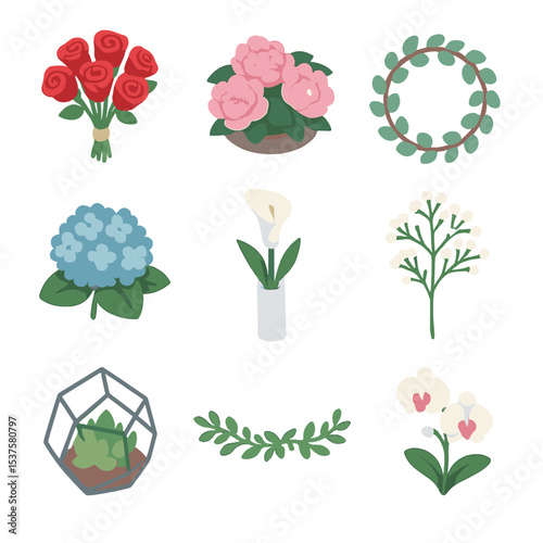 Floral Centerpiece Icons. Isometric Flat icon set of floral centerpieces: rose bouquet, peony arrangement, eucalyptus wreath,