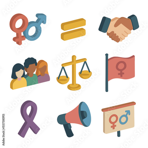Gender Equality Icons. Isometric Flat icon set of Gender equality movement: gender symbols, equal sign, handshake, diverse avatars