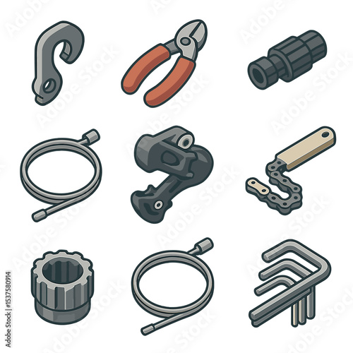 Gear Maintenance Tools. Isometric Flat icon set of Gear indexing and tuning: derailleur hanger, cable cutter, barrel adjuster,
