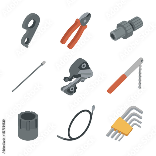 Gear Maintenance Tools. Isometric Flat icon set of Gear indexing and tuning: derailleur hanger, cable cutter, barrel adjuster,