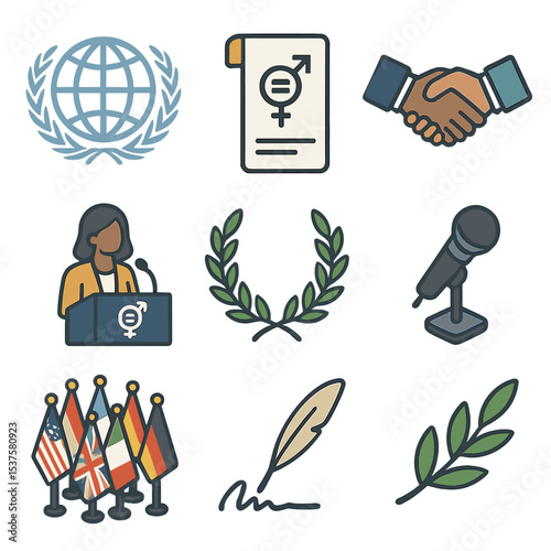 Gender Equality Icon Set. Isometric Flat icon set of International gender equality declarations: UN globe, treaty document,