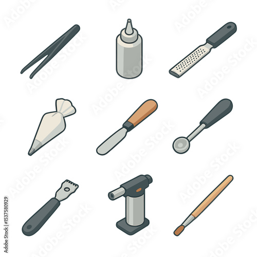 Garnishing Tool Icons. Isometric Flat icon set of Garnishing tools: garnish tweezers, squeeze bottle, microplane, piping bag,