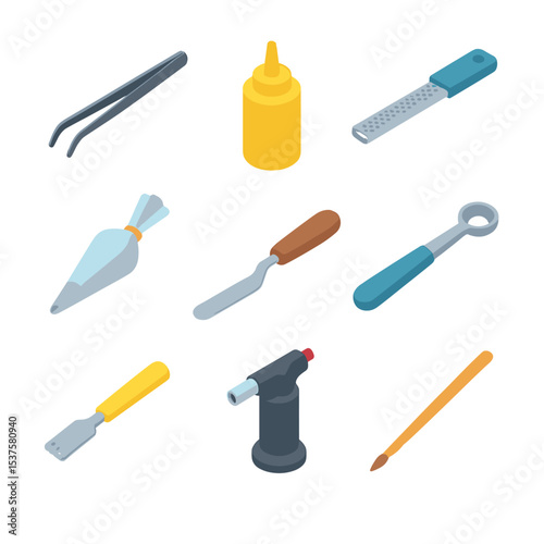 Garnishing Tool Icons. Isometric Flat icon set of Garnishing tools: garnish tweezers, squeeze bottle, microplane, piping bag,