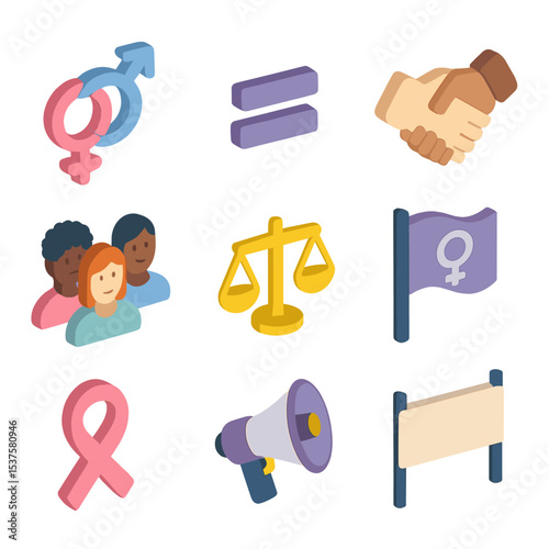 Gender Equality Icons. Isometric Flat icon set of Gender equality movement: gender symbols, equal sign, handshake, diverse avatars