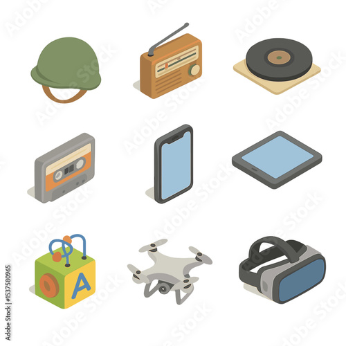 Generational Icons Grid. Isometric Flat icon set of Generational cohorts: Greatest Generation helmet, Silent Generation radio,