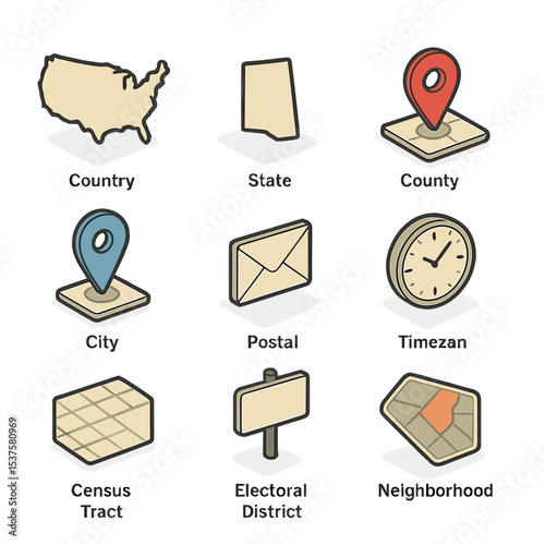 Geographic Division Icons. Isometric Flat icon set of geographic administrative divisions: country boundary outline, state border