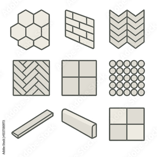 Geometric Tile Patterns. Isometric Flat icon set of geometric tile patterns: hexagon floor tile, subway wall tile, chevron pattern