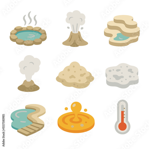 Geothermal Features Icon Set. Isometric Flat icon set of geothermal hot springs: hot spring pool, geyser spout, travertine terrace