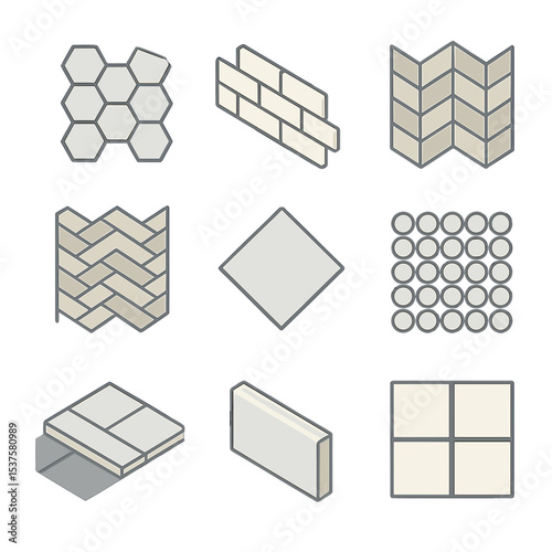 Geometric Tile Patterns. Isometric Flat icon set of geometric tile patterns: hexagon floor tile, subway wall tile, chevron pattern