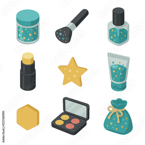 Glitter Cosmetics Icons. Isometric Flat icon set of Glitter Cosmetic Sprinkles: cosmetic glitter jar, makeup brush, nail polish