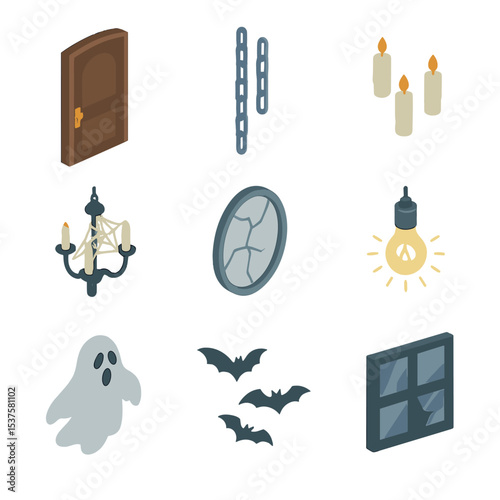 Haunted House Icon Set. Isometric Flat icon set of haunted house elements: creaky door, rattling chains, floating candles,